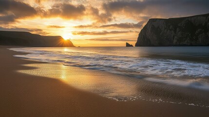 Obraz premium Stunning Sunset Over Serene Beach with Gentle Waves and Rocks