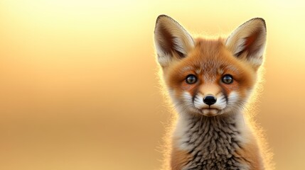 Fototapeta premium A striking close-up of a red fox pup with bright eyes and a fluffy coat, set against a warm golden background during sunset