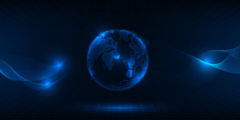 Vector illustrations of neon blue glowing globe on digital hi tech grid connecting wave form.Futuristic digital technology background.