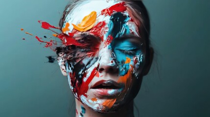 Colorful abstract portrait of a woman with brushstrokes and ink splatter covering her face, illustrating the concept of mental health and emotional expression.