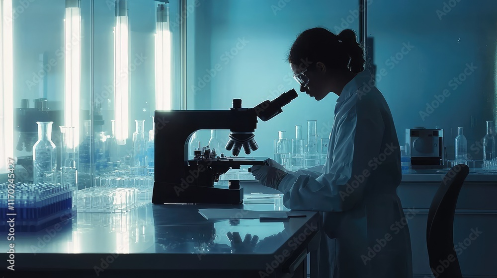 Poster researcher analyzing samples with microscope in laboratory setting