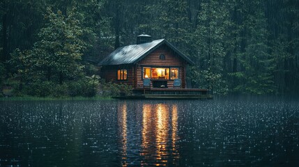 Fototapeta premium Cozy Cabin in Rainy Forest with Reflection on Calm Water