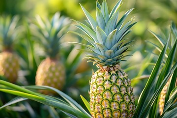 Close-up of ripe pineapple growing on a plantation, ready for harvest