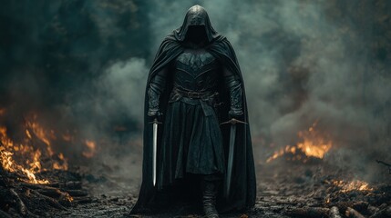 Fototapeta premium Dark hooded figure in armor with swords amidst fire and smoke.