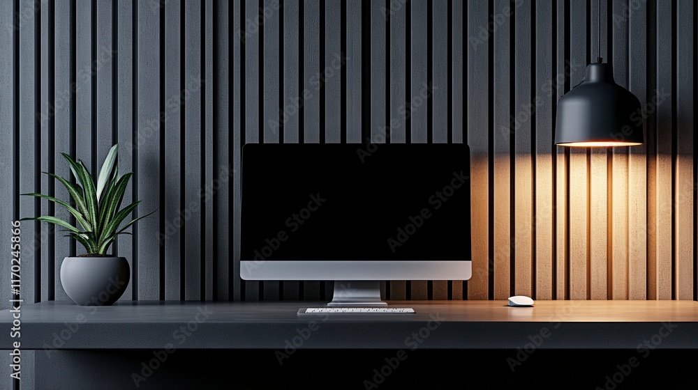 Poster modern workspace featuring a sleek computer setup with minimalistic design elements, plant, and styl