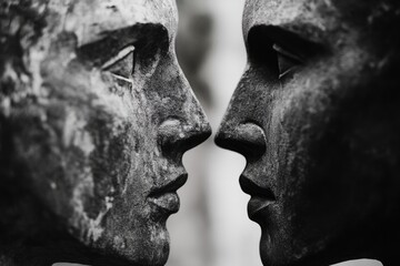 Two statues of faces are shown side by side, with one of them looking sad. Scene is somber and reflective, as if the two faces are looking at each other in a moment of contemplation or introspection