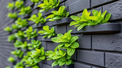 Lush green mint plants growing in modern vertical planters on a textured gray wall, showcasing contemporary urban gardening techniques