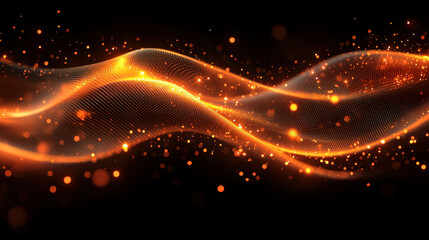 Obraz premium Abstract glowing orange wave with particles on dark background.