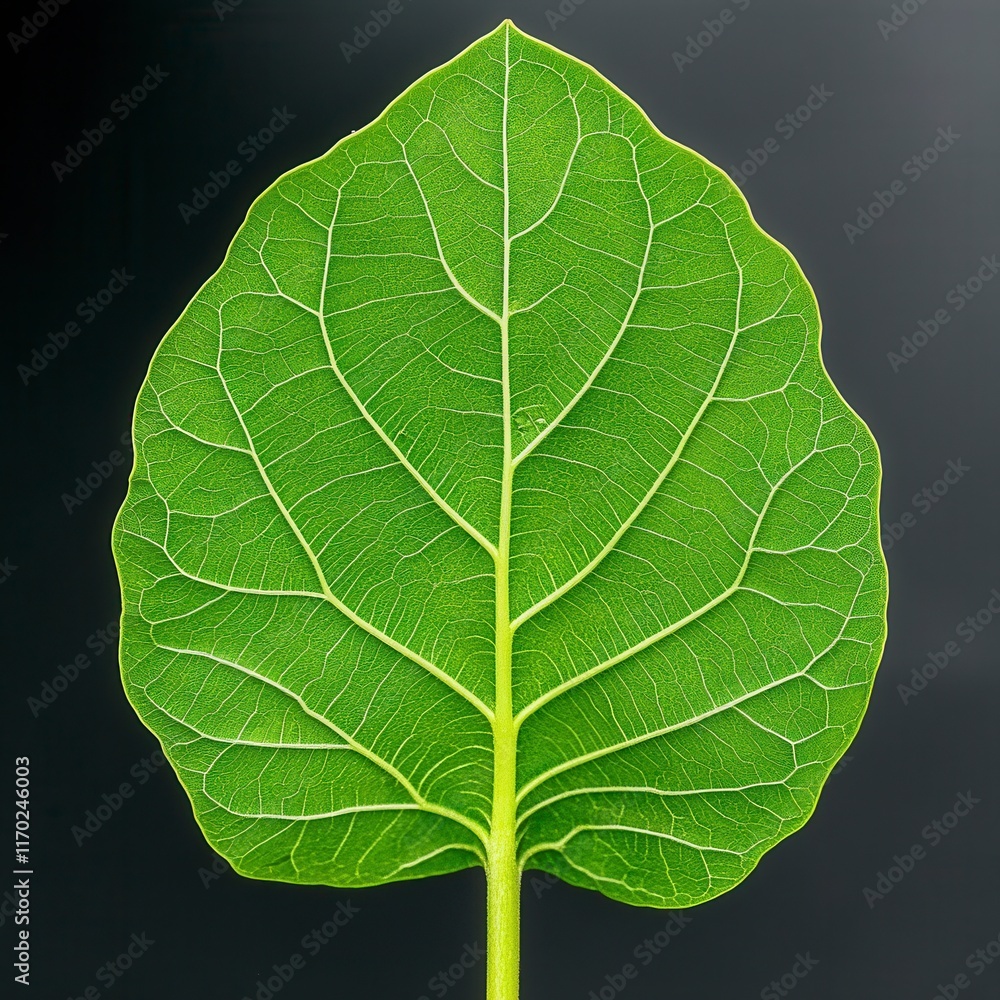 Poster close-up of a vibrant green leaf showcasing intricate vein patterns and textures against a dark back