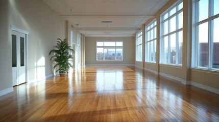 Empty, airy office with high ceilings, contemporary decor, and a clean aesthetic 