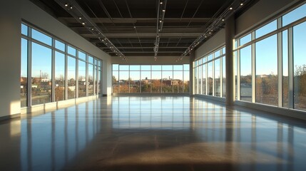 Fototapeta premium Empty, modern workspace with floor-to-ceiling windows and polished concrete floors 