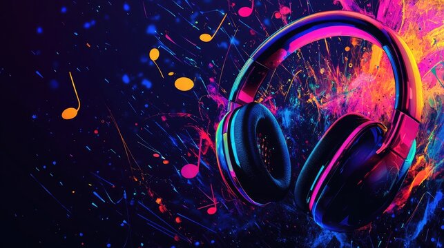 Colorful neon headphones with vibrant music notes in an abstract digital background, ideal for music, tech, podcast banners, and social media event promotions.