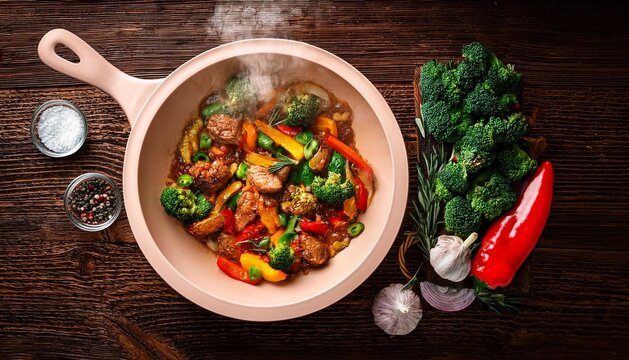 Steaming hot sizzler on wood top view