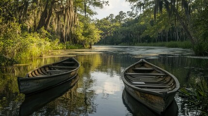 Serene Boats on Calm Water Surrounded by Lush Greenery at Dusk