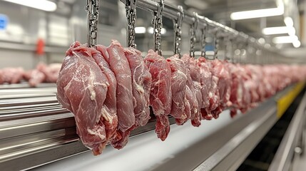 Fresh meat hanging on a processing line for preparation.
