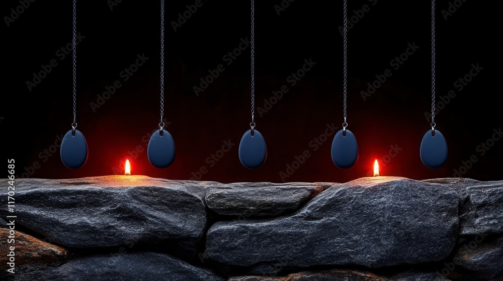 Poster a captivating display of black pendants and glowing candles on a stone surface, creating an intrigui