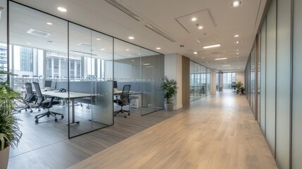 Obraz premium Empty workspace with a contemporary design, soft lighting, and glass partitions 