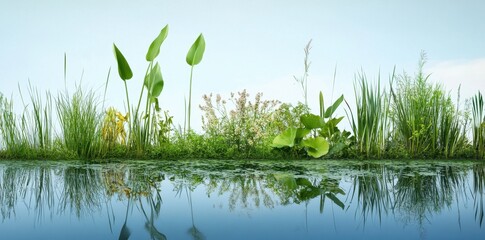 Obraz premium Invasive species rapidly overtaking a tranquil pond, disrupting the local ecosystem and biodiversity.