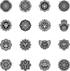 Set of Reiki Chakra Symbols Glyph Style Icons 

