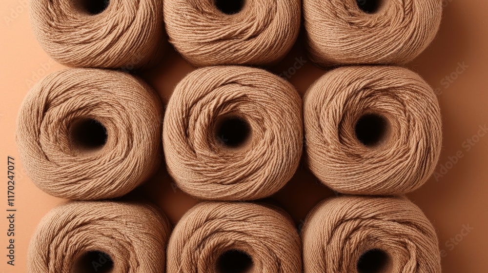 Poster textured yarn rolls arranged in a square pattern on soft background