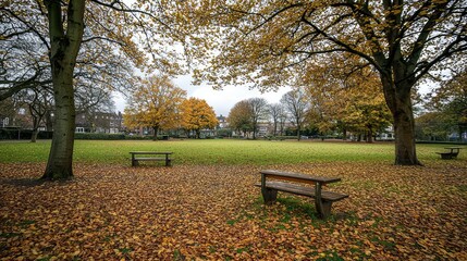 Autumn Park Scene with Trees and Fallen Leaves in Urban Area