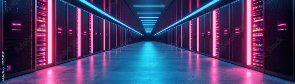 Poster a futuristic corridor in a data center illuminated by neon lights, featuring rows of servers, creati