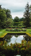 Obraz premium Serene Garden Landscape with Reflection in Tranquil Water Body