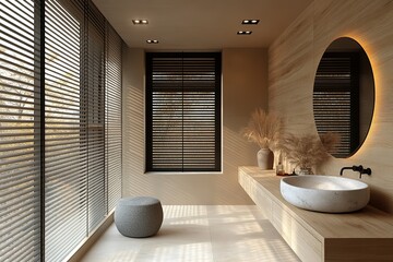 Modern minimalist bathroom design with natural light and wooden accents.  A serene and calming space.