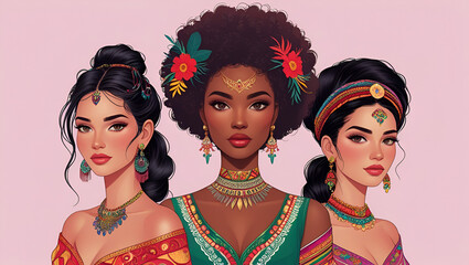 Fototapeta premium World Women's Day, Three Different Nations Women on Isolated Pink Background, women's day concept, vector illustration, Generative Ai