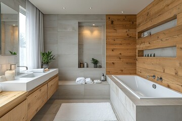 Modern bathroom with wood and tile accents.  Relaxing bathtub and stylish vanity.