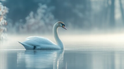 Fototapeta premium Elegant white swan gracefully swimming on calm misty water, serene winter landscape.