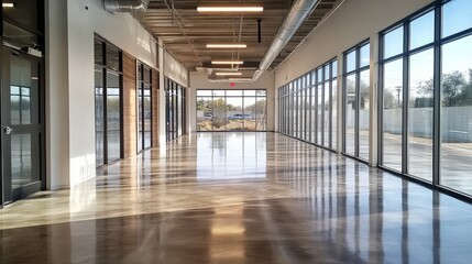 Naklejka premium Large, open office with glass partitions, polished concrete floors, and no furniture 