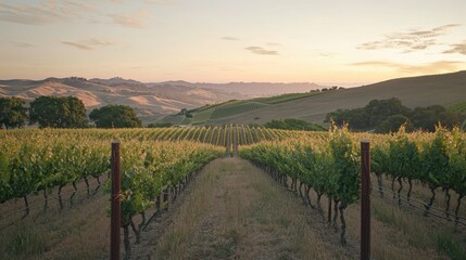 Naklejka premium Scenic Vineyard Landscape at Sunset with Rolling Hills in Background