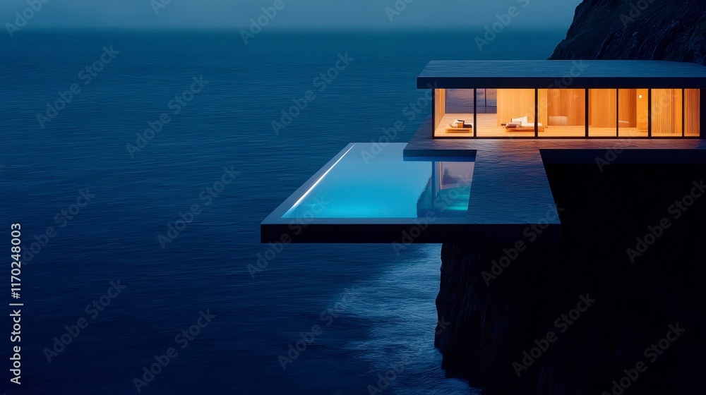 Poster contemporary cliffside architecture featuring a sleek infinity pool extending over the ocean at twil