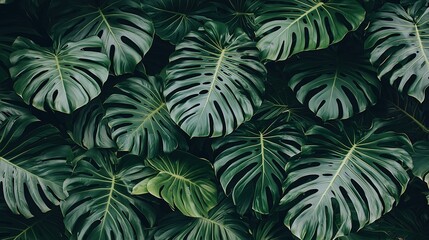 A lush arrangement of deep green Monstera leaves with intricate patterns, creating a tropical and natural texture. Perfect for botanical and eco-friendly themes.
