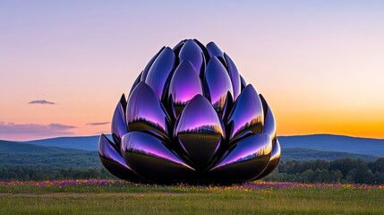 Stunning large-scale reflective sculpture mimicking a blooming flower surrounded by a colorful meadow and mountains at sunset