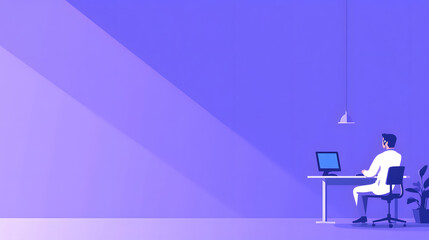 Fototapeta premium A person working at a desk in a minimalist, purple-themed workspace