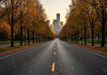 Fototapeta premium A macro shot of a single autumn leaf with vibrant colors on an empty road, highlighted by soft golden light from the setting sun