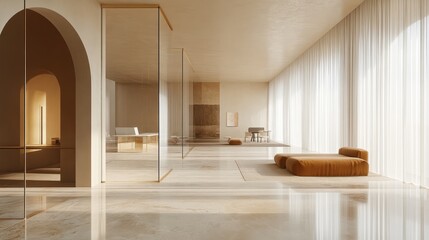 Minimalist office with polished floors, neutral tones, and glass dividers 