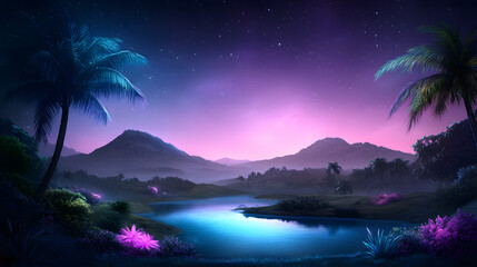 Fototapeta premium Serene night landscape with vibrant colors, mountains, and a reflective water surface
