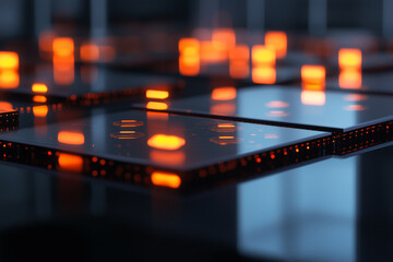 An ultra thin neural sensor array displayed on a sleek, black table with sharp reflections and glowing highlights.