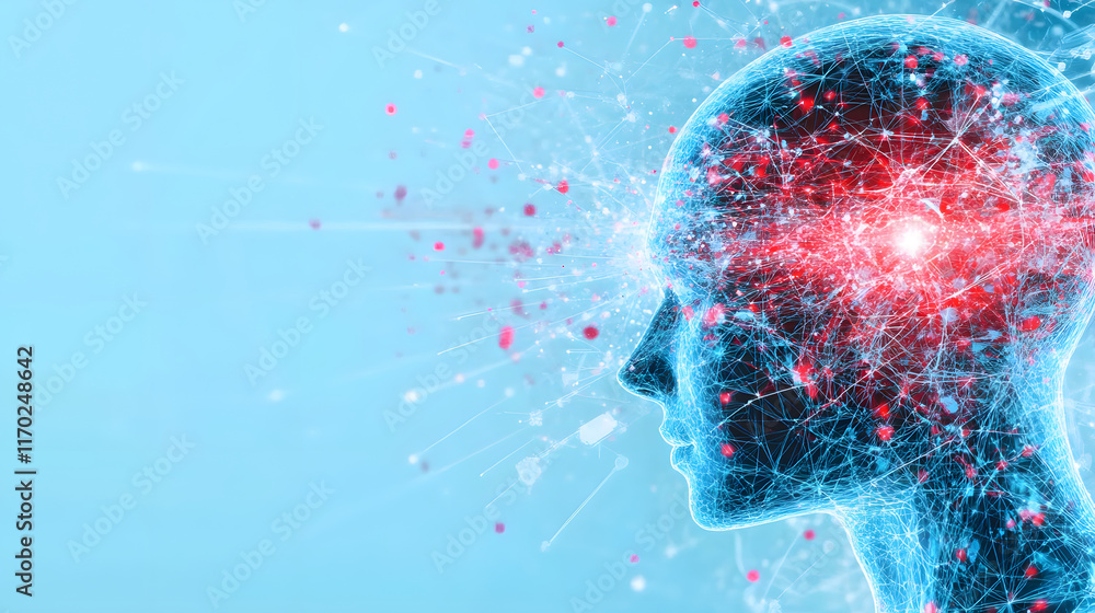 Poster Digital representation of a human head with abstract neural connections and glowing elements