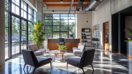 Fototapeta premium Modern Office Lobby with Sunlight Streaming Through Large Windows