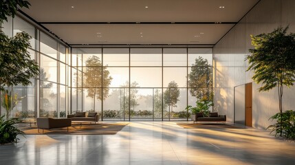 Fototapeta premium Modern office space with no furniture, large glass walls, and natural lighting