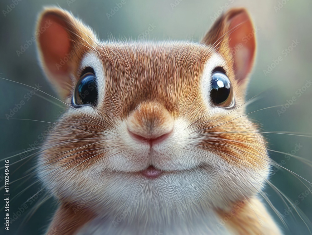 Poster cute little squirrel with a big smile on its face. the image is a close up of the squirrel's face, w
