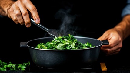 Cooking vibrant green vegetables in a steamy pot, showcasing fresh ingredients and culinary passion in the kitchen.