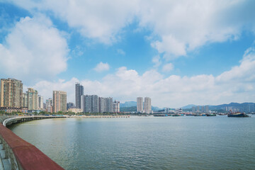 Modern urban architecture skyline and coastal scenery in Zhuhai, Guangdong Province, China on April 9, 2023