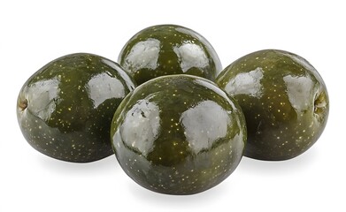 Four Green Olives Arranged On White Background