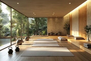 Serene yoga and fitness studio with natural light and views of lush greenery.