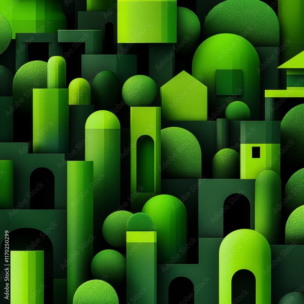 Poster abstract geometric landscape featuring a variety of green structures and forms in different shades a